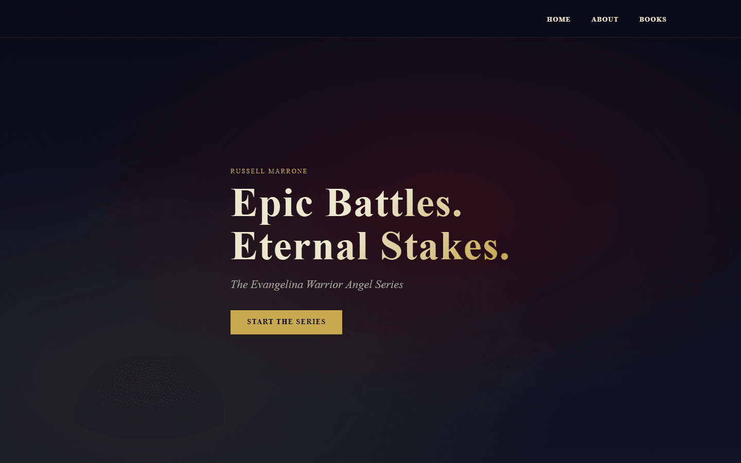 Homepage of the Russ Marrone author site, a dark, cinematic layout featuring book covers.